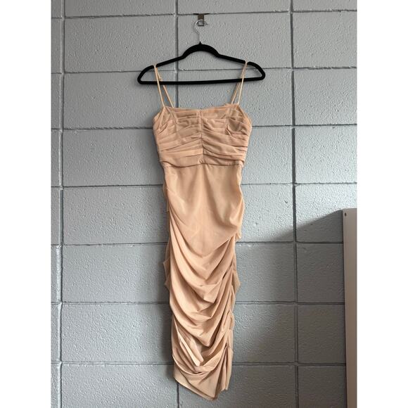 Women's House of CB Railea Nude Taupe Corset Ruched Midi Sheer Chiffon Dress XS - Picture 4 of 6